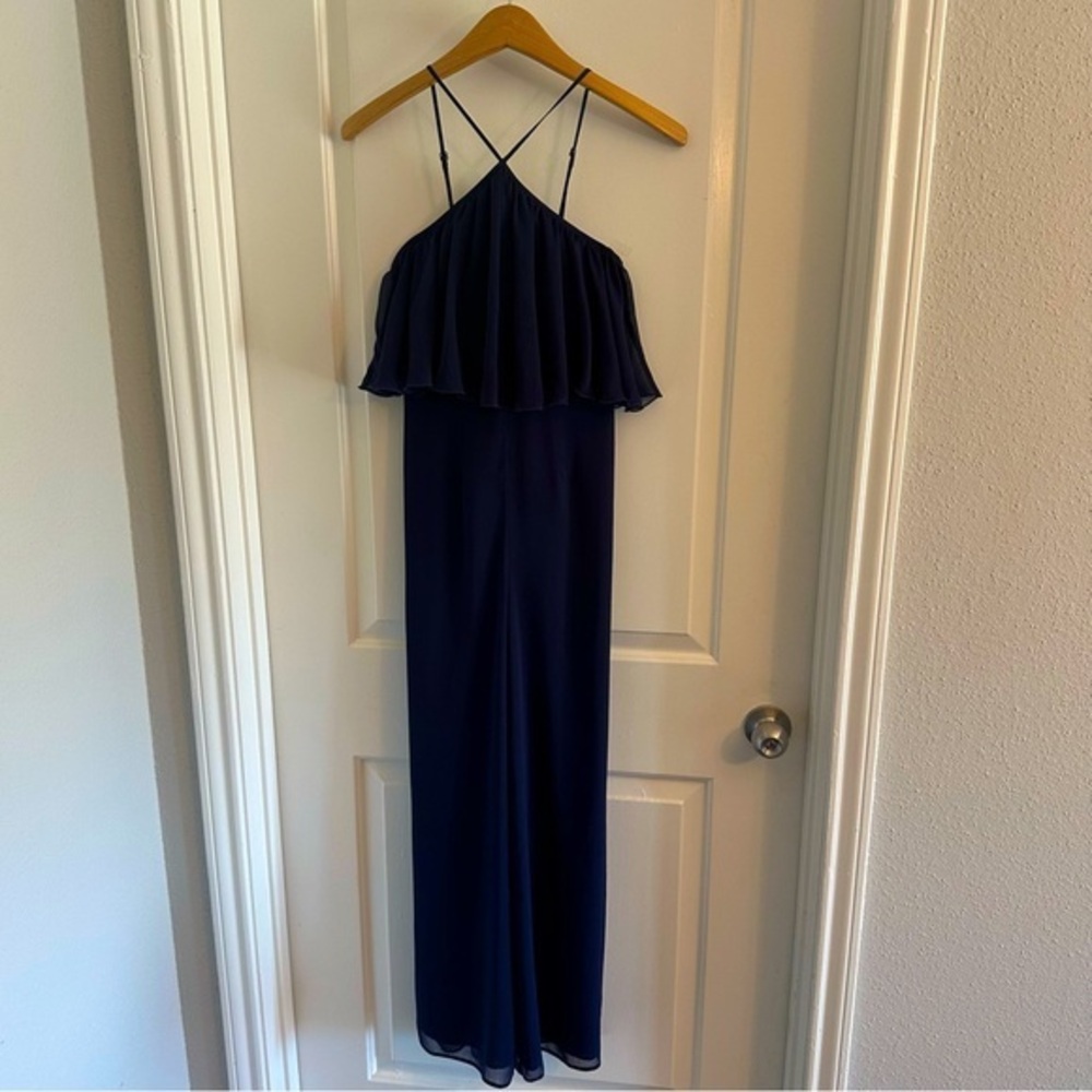 ASOS navy jumpsuit, navy blue with halter neck and ruffle‎ shelf, size 4